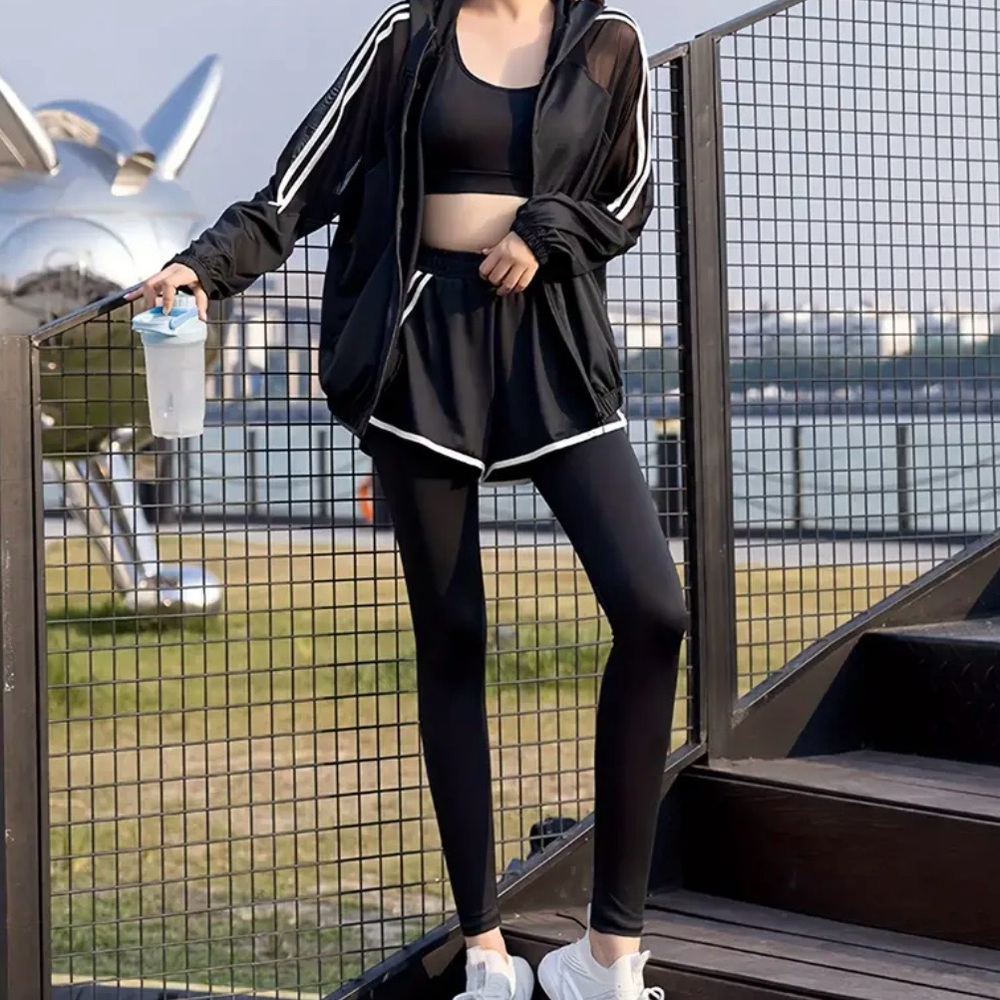 Two Pieces Set Tracksuit Bomber Jacket Sport Set Leggings Shorts Activewear Mesh